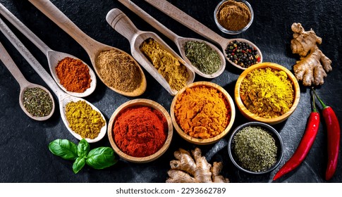 Composition with assortment of spices and herbs.