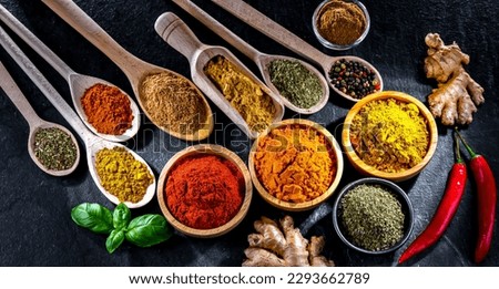 Composition with assortment of spices and herbs.