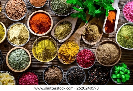 Composition with assortment of spices and herbs.