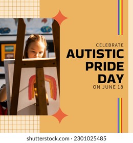 Composition of autistic pride day text over caucasian girl painting. Autistic pride day, learning difficulties and autism awareness concept digitally generated image. - Powered by Shutterstock