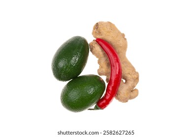 Composition of avocado, ginger root, chili pepper and oyster mushrooms isolated on a white background. Ingredients for Asian cuisine.