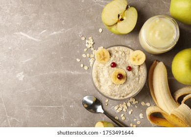 Composition With Baby Food On Gray Background, Top View