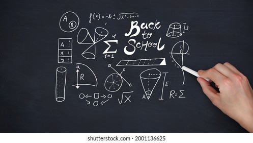 Composition of back to school text and mathematical equations over black chalkboard. education, school and learning concept digitally generated image.