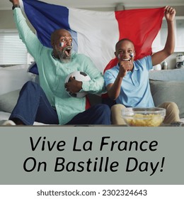 Composition of bastille day text over cheering african american men with football and flag of france. France, french patriotism, tradition and celebration concept digitally generated image. - Powered by Shutterstock
