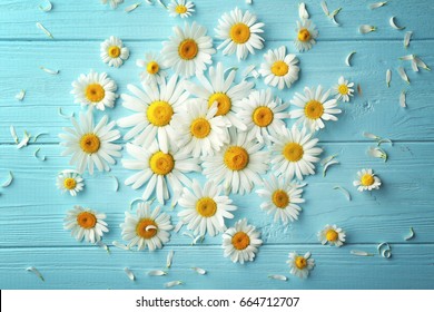 Composition with beautiful chamomile flowers on color wooden background - Powered by Shutterstock