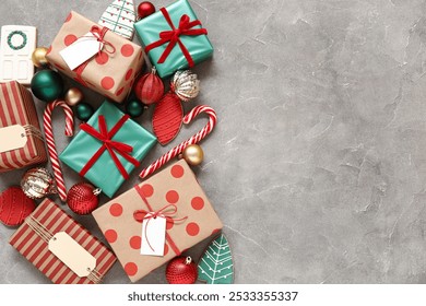 Composition with beautiful Christmas gifts, decorations and cookies on grunge background - Powered by Shutterstock