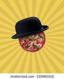 Composition With Big Italian Pizza And Derby Hat Isolated On Bright Yellow Striped Background. Contemporary Art Collage. Copy Space For Ad. Conceptual Bright Art Collage. Fastfood Time, Funny Mood.