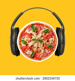Composition with big italian pizza and headphones isolated on bright yellow neon background. Contemporary art collage. Copy space for ad. Conceptual bright art collage. Fastfood time, funny mood.