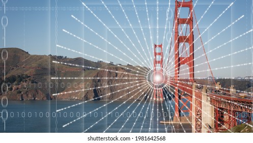 Composition of binary coding, network of light trails and connections over cityscape. global technology and networks concept digitally generated image.