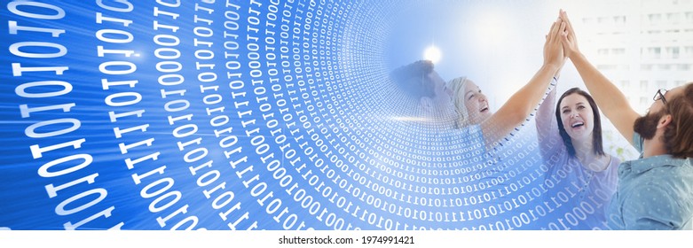 Composition of binary coding over business people high fiving. business, success, motivation and teamwork concept digitally generated image.