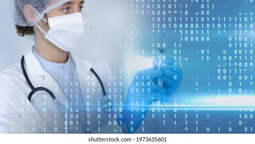 Composition of binary coding over doctor with syringe in face mask. global covid 19 pandemic, medicine, digital interface and data processing concept digitally generated image.