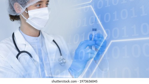 Composition of binary coding over doctor in face mask with syringe. global covid 19 pandemic, medicine, digital interface and data processing concept digitally generated image.