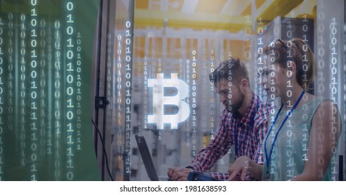 Composition of bitcoin symbol, binary coding over it people checking computer servers. global cryptocurrency, technology, data processing and digital interface concept digitally generated image.