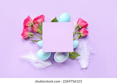 Composition with blank card, rose flowers, feathers and Easter eggs on color background - Powered by Shutterstock