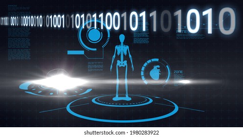 Composition of blue human skeleton with scientific digital icons and binary coding. global science and digital interface concept digitally generated image. - Powered by Shutterstock