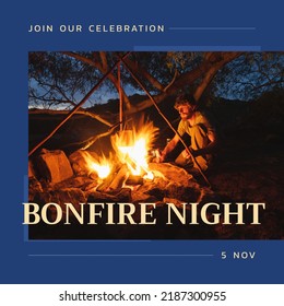 Composition of bonfire night text over caucasian man and bonfire. Bonfire night and celebration concept digitally generated image. - Powered by Shutterstock