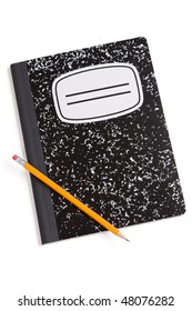 Composition book and pencil isolated on white.