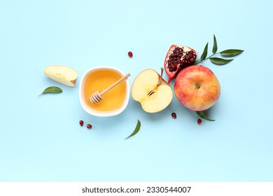 Composition with bowl of honey and ripe fruits on color background. Rosh hashanah (Jewish New Year) celebration - Powered by Shutterstock