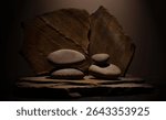 Composition with brown flat and smooth oval natural zen stones with texture for podium presentation background.minimalist composition still life for cosmetic background