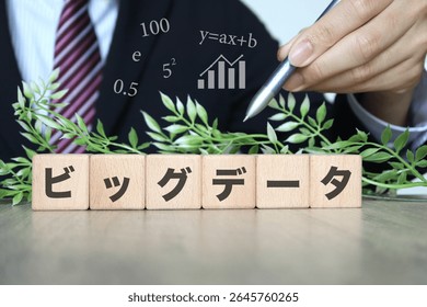 A composition of a businessman pointing at a block with the words Big Data written on it. Translation: Big Data.