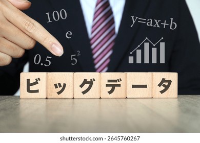 A composition of a businessman pointing at a block with the words Big Data written on it. Translation: Big Data.