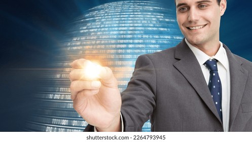 Composition of businessman touching interactive screen over binary coding. global connections, technology and digital interface concept digitally generated image.