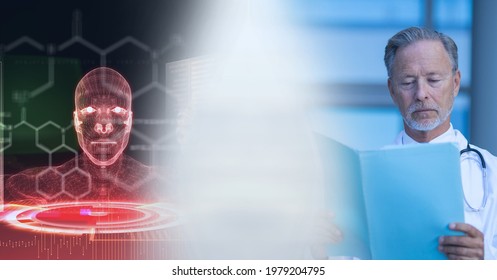 Composition of caucasian doctor and interface with model of human head with motion blur. medical science and technology concept digitally generated image.