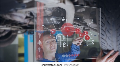Composition of caucasian man using technological device with car statistics and data. global technology, digital interface, connection and communication concept digitally generated image.