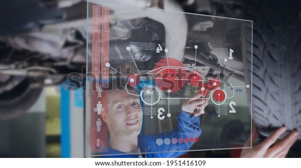 Composition of caucasian man using technological\
device with car statistics and data. global technology, digital\
interface, connection and communication concept digitally generated\
image.