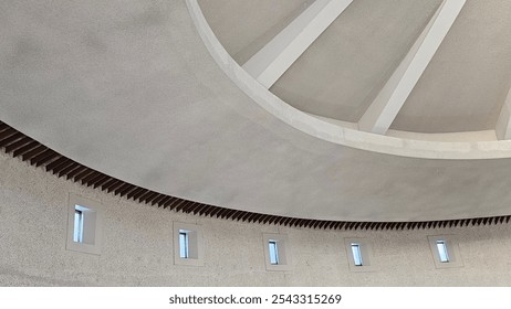 A composition with ceiling, walls, and windows inside a gray-white building
