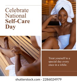 Composition of celebrate national self-care day text with african american woman in sauna. National self-care day concept digitally generated image. - Powered by Shutterstock