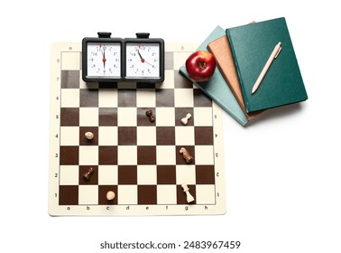 Composition with chess board, pieces, clock and books on white background