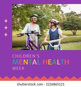 Composition of children's mental health week text and grandmother and granddaughter on bikes. Children's mental health week, childhood and mental health awareness concept digitally generated image. - Powered by Shutterstock