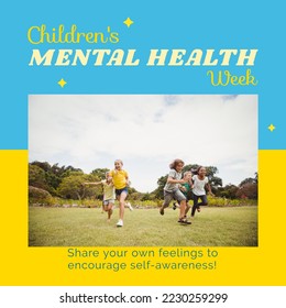 Composition of children's mental health week text and children running in park. Children's mental health week, childhood and mental health awareness concept digitally generated image. - Powered by Shutterstock