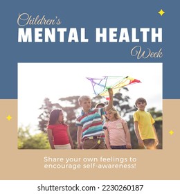 Composition of children's mental health week text and children playing in park. Children's mental health week, childhood and mental health awareness concept digitally generated image. - Powered by Shutterstock