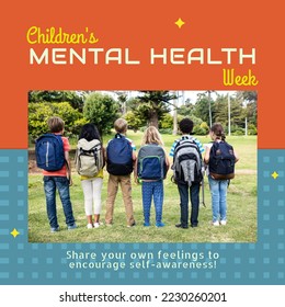 Composition of children's mental health week text and children with backpacks in park. Children's mental health week, childhood and mental health awareness concept digitally generated image. - Powered by Shutterstock