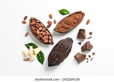 Composition with cocoa products on white background, top view - Shutterstock ID 1432269158