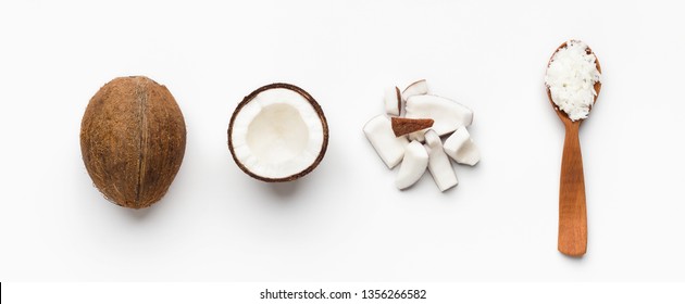 Composition with coconuts on white background, top view
