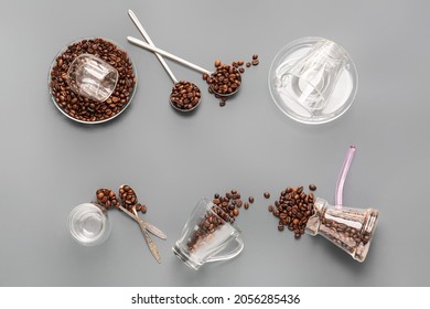 Composition with coffee beans on grey background