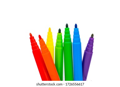 A composition of colorful markers on a white background.