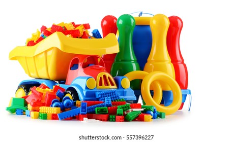 Composition With Colorful Plastic Children Toys Isolated On White.