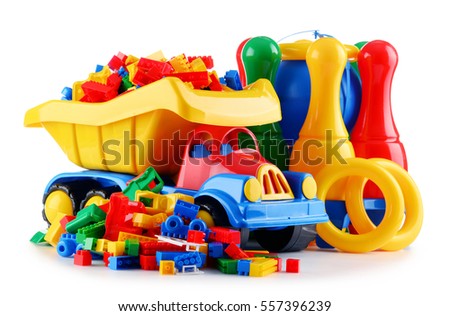 Composition with colorful plastic children toys isolated on white.