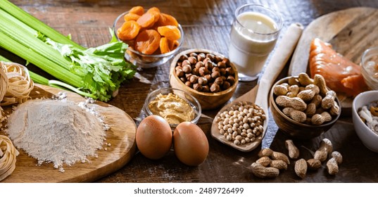 Composition with common food allergens including egg, milk, soya, nuts, fish, seafood, wheat flour, mustard, dried apricots and celery - Powered by Shutterstock