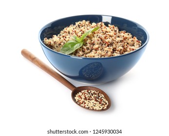 Composition With Cooked Quinoa In Bowl Isolated On White