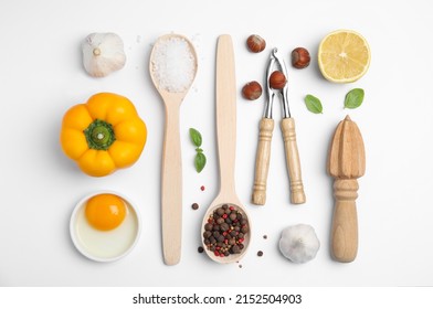 Composition With Cooking Utensils And Fresh Ingredients On White Background, Top View