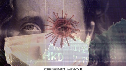 Composition of covid 19 cell and data processing over caucasian woman wearing face mask. global coronavirus pandemic and healthcare database concept digitally generated image.