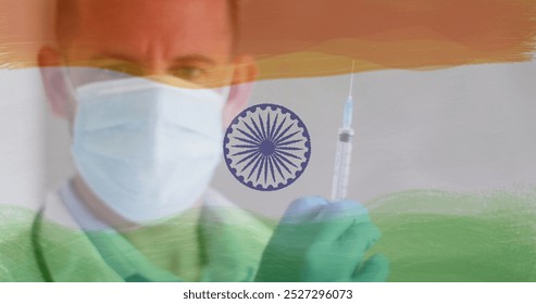 Composition of covid 19 cells and male doctor with face mask and vaccine over indian flag. global covid 19 pandemic indian healthcare crisis concept digitally generated image. - Powered by Shutterstock