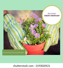 Composition of credit union day text over hands with gloves holding plant. Credit union day and celebration concept digitally generated image. - Powered by Shutterstock