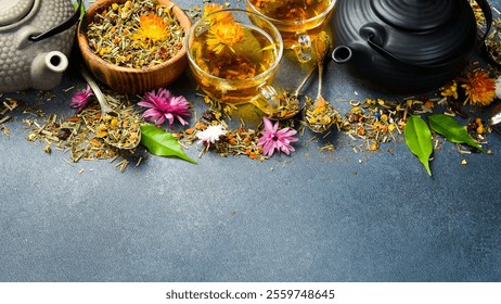 Composition with a cup of tea, a teapot and a set of aromatic flower tea. Free space for text. - Powered by Shutterstock