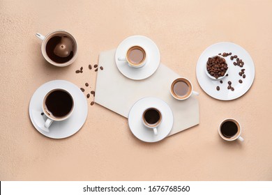 Composition With Cups Of Different Coffee On Color Background